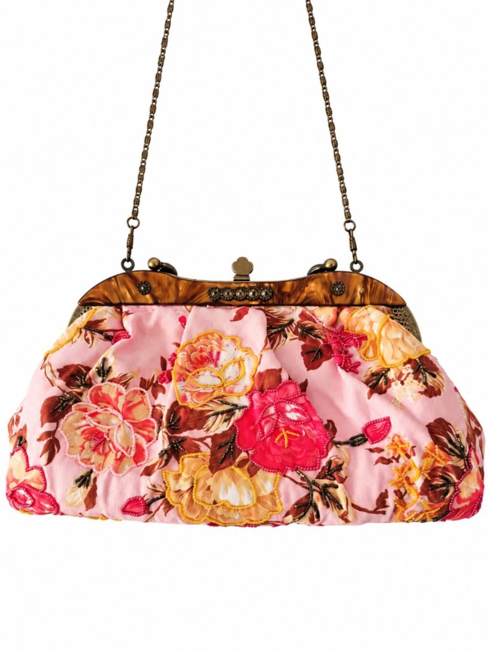 In's Pink Floral Beaded Embroidered Chain Shoulder Clutch Purse Evening Coquette